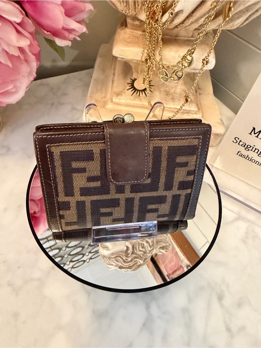 Fendi beautiful Brown Monogram Bifold compact Wallet w kisslock closure EUC